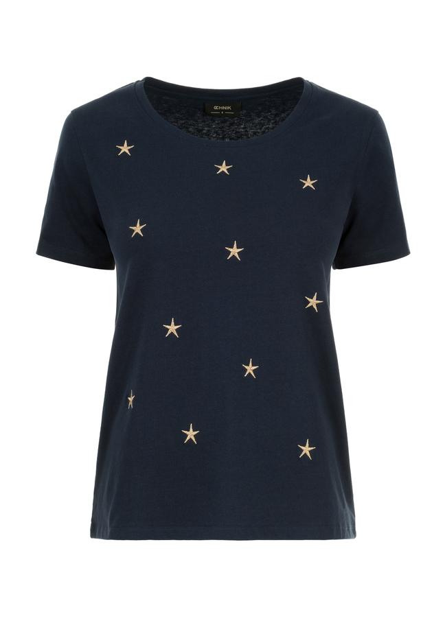 Granatowy T-shirt damski z aplikacją