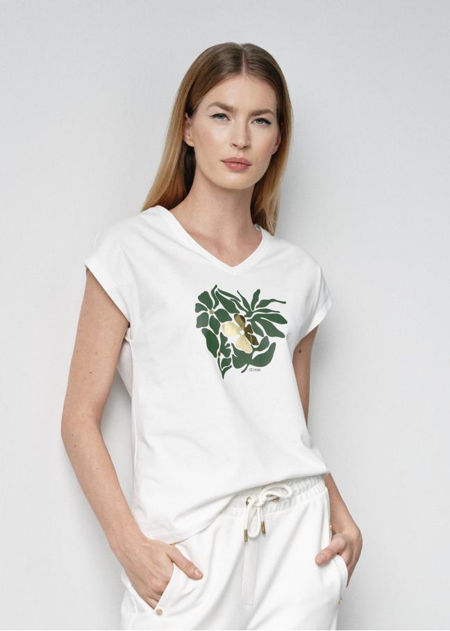 T-shirt damski kremowy z kwiatowym printem