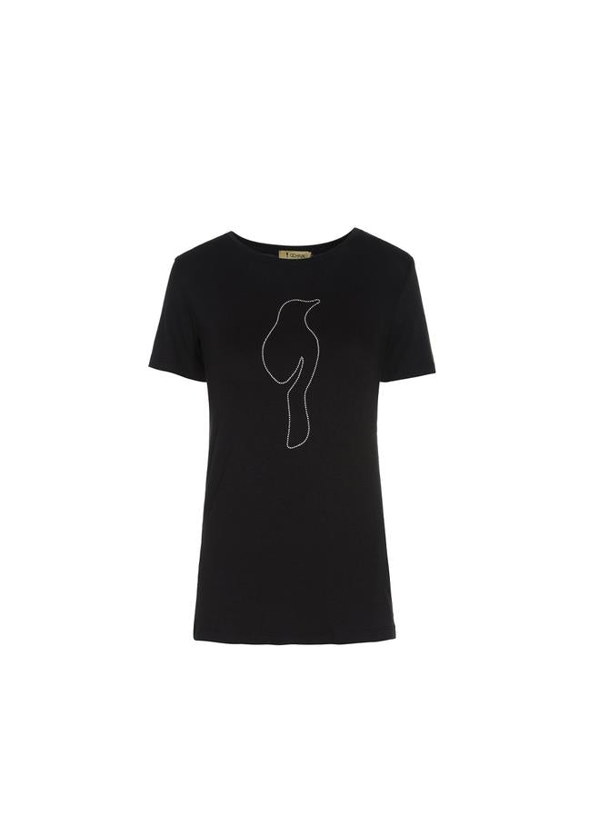 Czarny T-shirt damski z aplikacją
