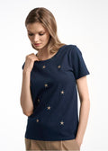 Granatowy T-shirt damski z aplikacją